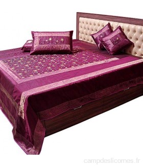 Marusthali Indian Banarasi Couvre-lit Designer Brocart Soie Broderie Travail - Soie Pure avec Coussins Violet