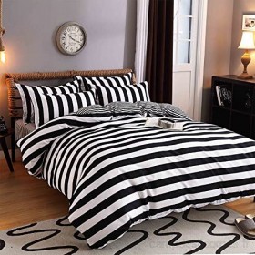 Ensemble de lit rayé Noir et Blanc Housse de Couette taies d'oreiller Drap de lit Cadeau décoration
