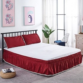 ELJZF Jupe de lit pour lit d'hôtel avec bande élastique - Jupe de lit extensible avec pompons - Housse de lit sans surface épaisse et durable couleur : rouge vin taille : 100 x 200 x 40 cm