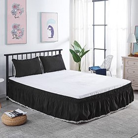 ELJZF Jupe de lit pour lit d'hôtel avec bande élastique - Jupe de lit extensible avec pompons - Housse de lit sans surface - Épais et durable - Couleur : noir - Dimensions : 200 x 220 x 40 cm