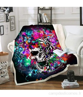 DFTY Skull Fleece Blanket Super Doux Couverture Polaire Motif tête de Mort et Fleurs Impression Numérique 3D pour Enfants et Adultes 02 150cmx200cm