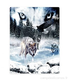 Violetpos Couverture épaisse et douce et chaude en flanelle polaire pour canapé Motif loups aigle pin neige 150 x 200 cm