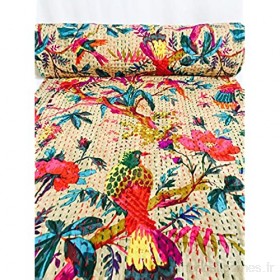Bazzaree Couvre-lit indien fait à la main en coton réversible Motif oiseaux Kantha Style ethnique vintage Pour lit simple double Queen size Beige 229 x 278 cm