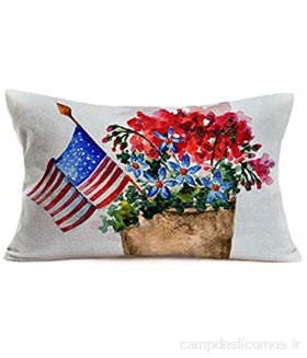 Hokdny Housse de coussin décorative en coton et lin - Motif drapeau américain patriotique avec fleurs en pot - 35 6 x 50 8 cm