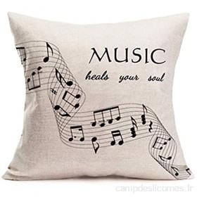 Hokdny Housse de coussin musicale en coton et lin blanc et noir motif notes de musique 45 7 x 45 7 cm