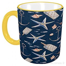 Tasse à café Aquarelle Ancre Nautique Étoile de mer Shell Tasses à café Tasses en céramique avec poignées pour Boissons Chaudes - Cappuccino Latte Tasse à Cadeaux de café 12 oz Sky Blue