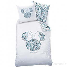 Disney Minnie Végétal - Parure de lit 100% Coton Housse de Couette 140x200 cm et une taie d'oreiller 63x63 cm. Minnie Mouse Fleurs