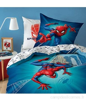 Marvel Spiderman - City. Parure de lit Enfant Réversible 100% Coton Housse de Couette 140x200 cm et 1 taie d'oreiller 63x63 cm. Superhéros Bleu Rouge