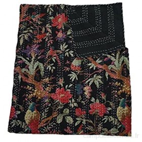 Couvre-lit indien en coton Kantha avec imprimé oiseaux multicolore floral - Couvre-lit bohémien - Fait à la main - 100 % coton Kantha