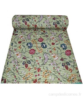 Couvre-lit indien Kantha Couvre-lit en coton fait à la main pour lit simple ou double vert double taille