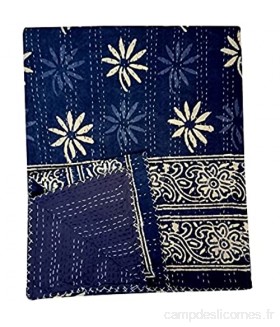 DN Handicraft Couvre-lit Kantha fait à la main en patchwork bleu indigo