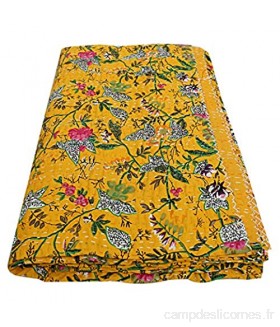 Janki Creation Couvre-lit indien en coton Kantha fait à la main réversible motif floral jaune