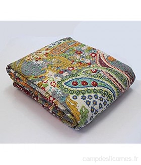 Sophia-Art King/Twin Size Indian Handmade Paisley Print Kantha Quilt Cotton Kantha Blanket Bed Cover Sofa Cover Kantha Couvre-lit Bohème literie Grey Twin 60 * 90 inches