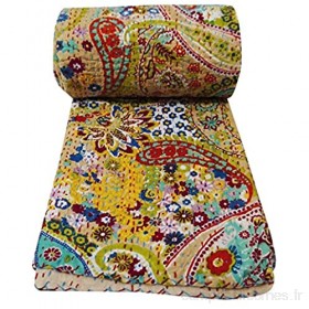 Sophia-Art King/Twin Size Indian Handmade Paisley Print Kantha Quilt Cotton Kantha Blanket Bed Cover Sofa Cover Kantha Couvre-lit Bohème literie Beige2 King 90 * 108 inches
