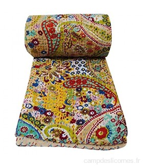 Sophia-Art King/Twin Size Indian Handmade Paisley Print Kantha Quilt Cotton Kantha Blanket Bed Cover Sofa Cover Kantha Couvre-lit Bohème literie Beige2 King 90 * 108 inches