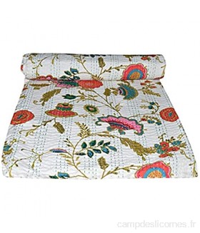 Yuvancrafts Couvre-lit indien fait à la main avec imprimé floral Kantha en pur coton