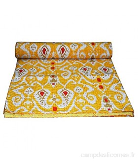 YUVANCRAFTS Couvre-lit indien fait à la main en pur coton Kantha imprimé kantha vintage jaune taille double