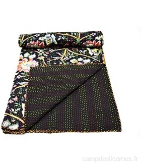 Yuvancrafts Couvre-lit indien traditionnel à imprimé floral Kantha en pur coton fait à la main noir