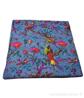 Yuvancrafts Couvre-lit indien traditionnel avec motif oiseaux et fleurs Kantha fait à la main en pur coton imprimé traditionnel Queen size