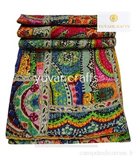 Yuvancrafts Couvre-lit patchwork Kantha en coton – Literie traditionnelle indienne traditionnelle faite à la main vintage multicolore double 152 4 x 228 6 cm multi patch 1